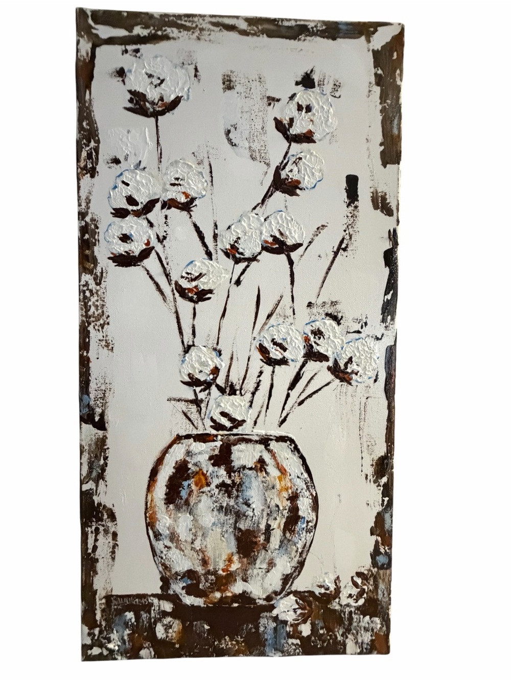 Original Artwork Acrylic on Canvas Vase of Cotton in White, Brown & Blue 12"x24"